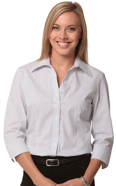 BENCHMARK M8200Q-WOMENS TICKING STRIPE 3/4 SHIRT - Click Image to Close