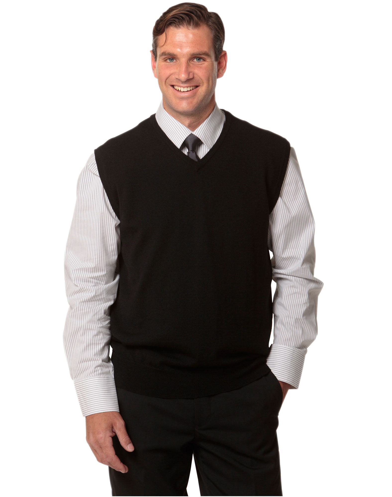 BENCHMARK M9501-MENS 100% MERINO WOOL V NECK VEST - Click Image to Close