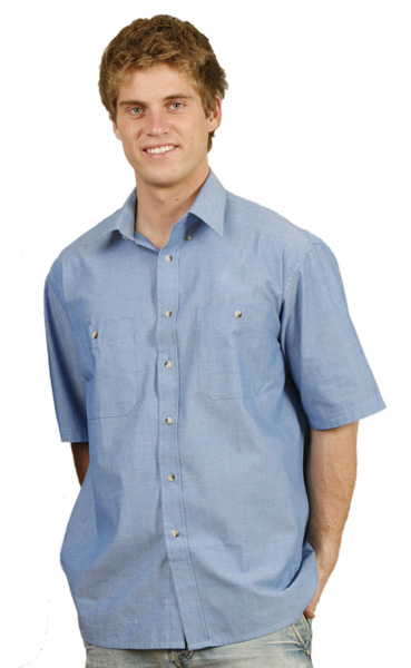 WinningSpirit BS03S-Men’s Wrinkle Free Short Sleeve Chambray Shi