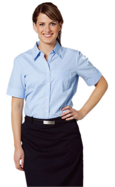 BENCHMARK M8224-Women’s Pin Stripe Short Sleeve Shirt 60% C - Click Image to Close