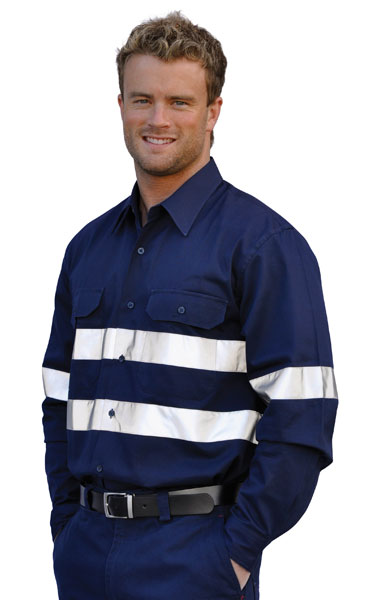 WinningSpirit WT04HV-Cotton Drill Long Sleeve Work Shirt With 3M - Click Image to Close