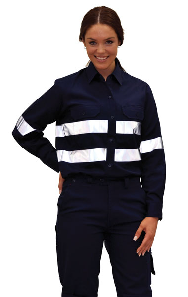 WinningSpirit WT08HV-Ladies’ Cotton Drill Work Shirt with 3M Tap - Click Image to Close